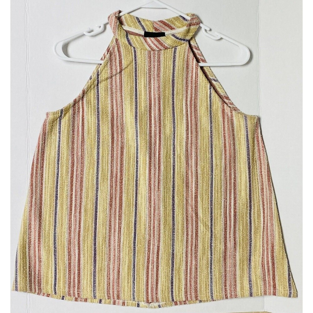 W5 Womens Sz Medium Tank Top Burlap Button Back Striped Sleeveless Multicolor